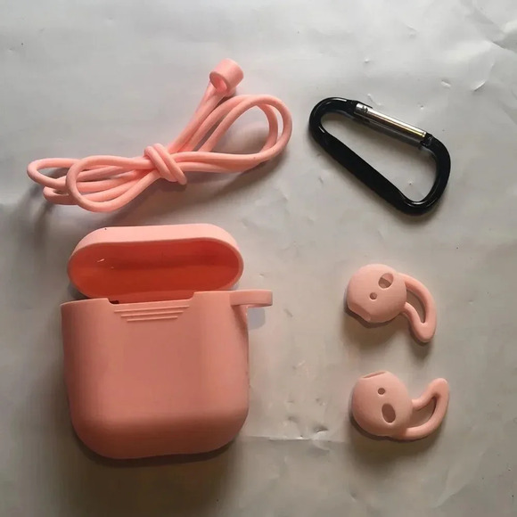 AirPods 1/2 Case Cover Pink Full Protective Kit Lanyard Carabiner Ear Hooks - Picture 2 of 4